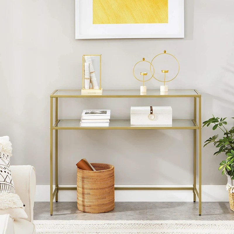 Nancy's Goldfield Sidetable - Bijzettafel - Consoletafel - 2 Niveaus - Goud - Glas / Staal - 35 x 100 x 80 cm