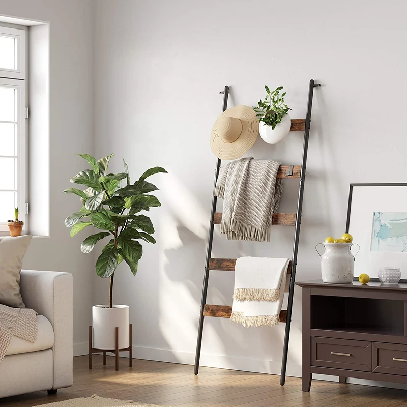 Nancy's Folgosa Handdoekenladder - Handdoekenrek - Badkamerrek - Ladderrek -Vintage Bruin / Zwart - ± 65 x 180 cm