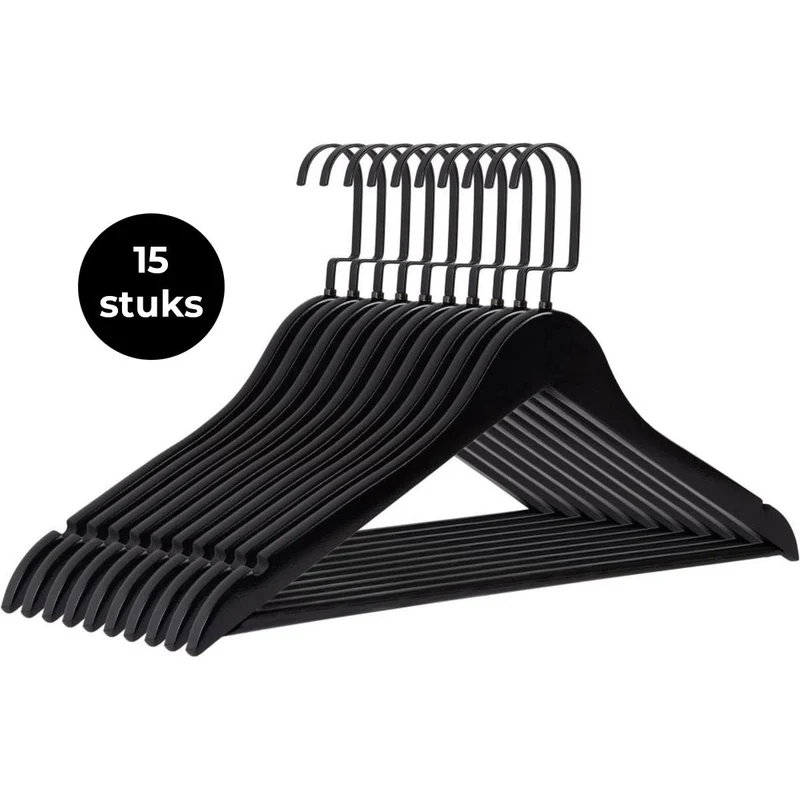 Eleganca Luxe kledinghanger met platte zwarte haak 15 stuks Zwart