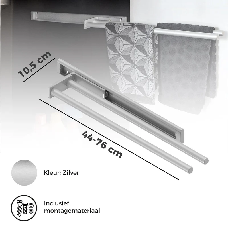 Eleganca Uittrekbaar aluminium handdoekrek 2 armen 44cm Zilver