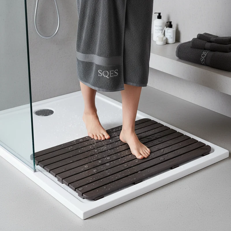 CAILLEBOTIS 80x50 FONCÉ - Tapis Douche Rectangulaire Antidérapant Effet Bois