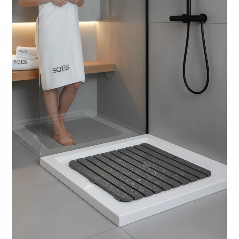 CAILLEBOTIS 55x55 GRIS ANTHRACITE - Tapis Douche Antidérapant Effet Bois