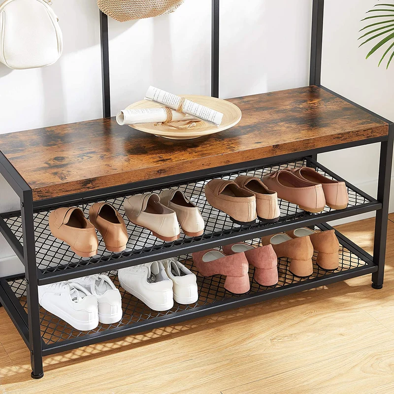 Nancy's Greenfield Kapstok - Garderoberek - 12 Haken - Schoenenrek - Vintage Bruin / Zwart - ± 100 x 40 x 185 cm