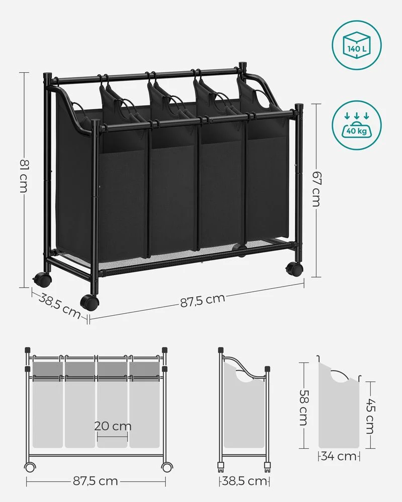 Nancy's Carnaxide Wassorteerder - Wasmand - Wasbox - Zwart - 4 x 35 Liter