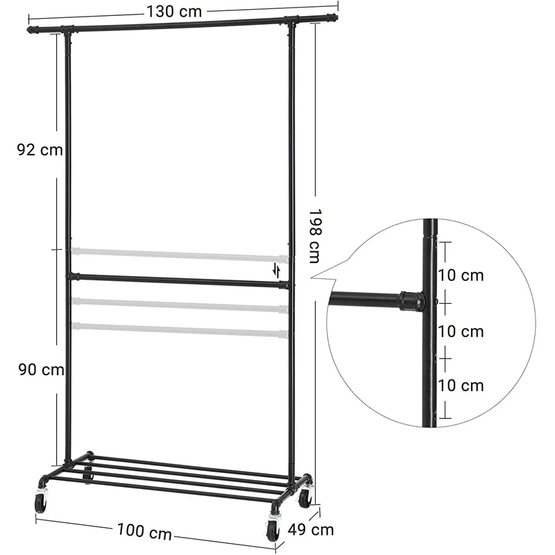 Nancy's Talinhas Kledingrek - Stevig Garderoberek - Belastbaar tot 110 KG - Zwart - Staal - ± 130 x 50 x 200 cm