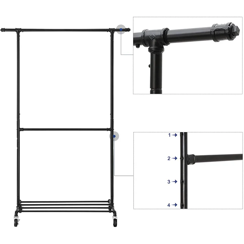 Nancy's Talinhas Kledingrek - Stevig Garderoberek - Belastbaar tot 110 KG - Zwart - Staal - ± 130 x 50 x 200 cm