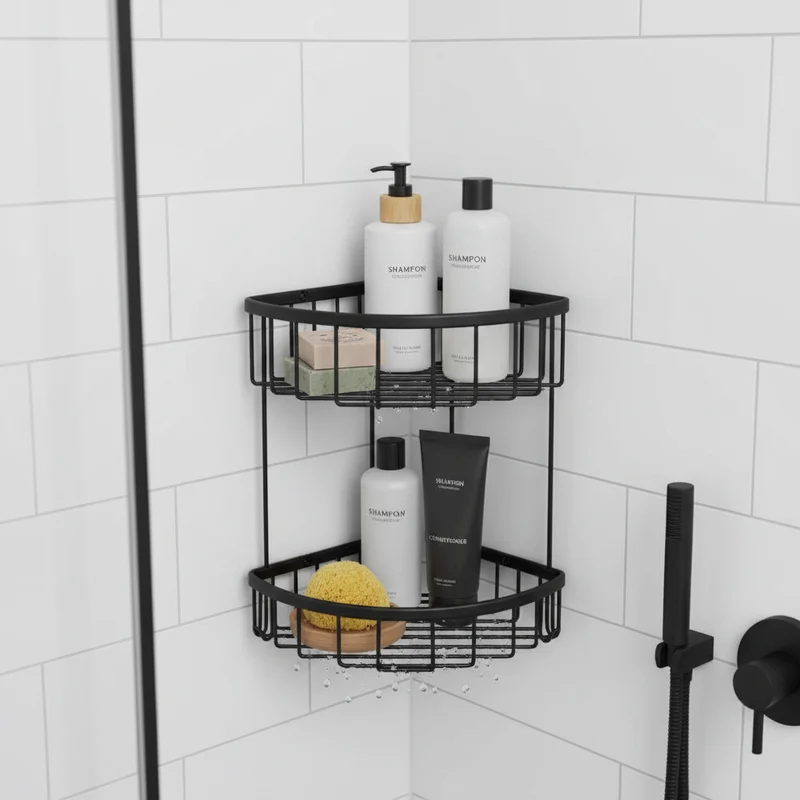 Panier à Savon Double 20x20 Noir - Étagère d'Angle Salle de Bain