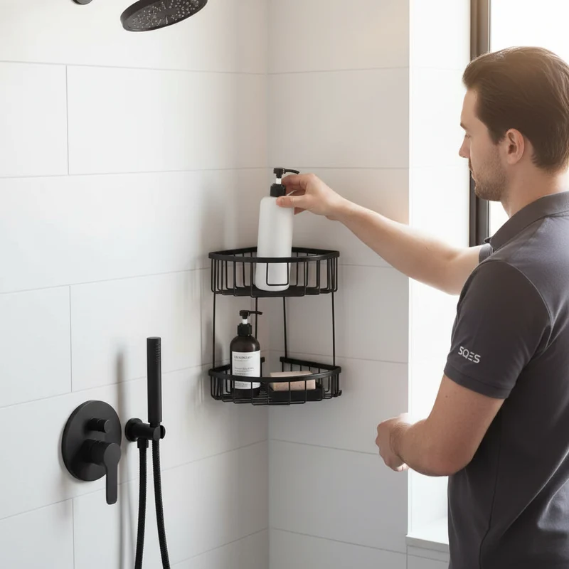 Panier à Savon Double 20x20 Noir - Étagère d'Angle Salle de Bain