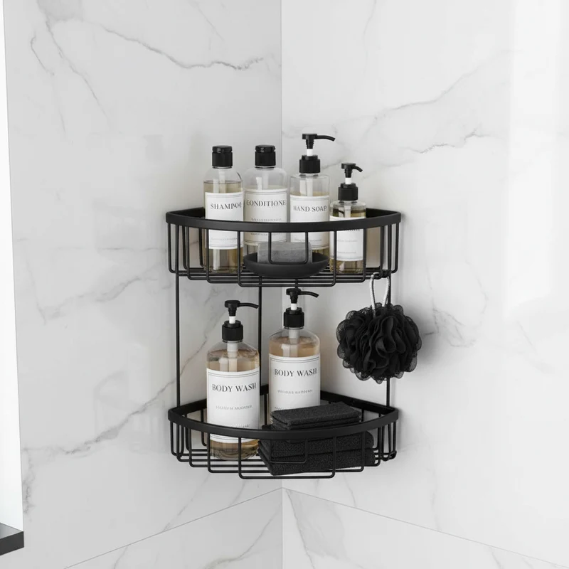 Panier à Savon Double 20x20 Noir - Étagère d'Angle Salle de Bain