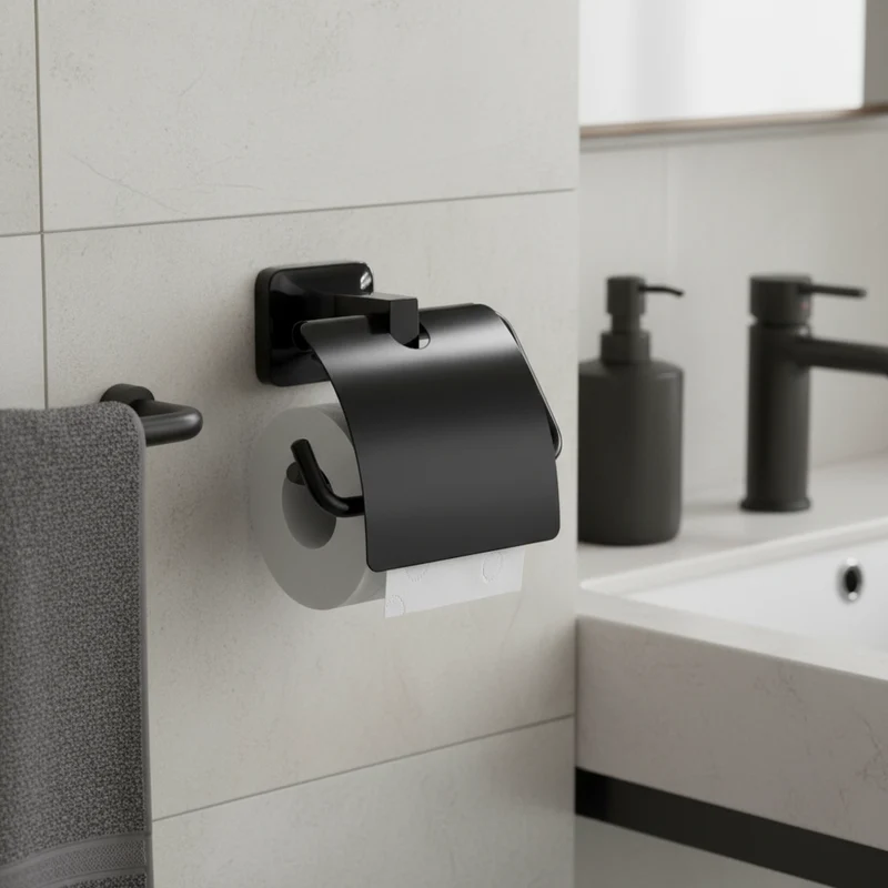 Porte Papier avec Couvercle UNO Noir - Support Mural Salle de Bain
