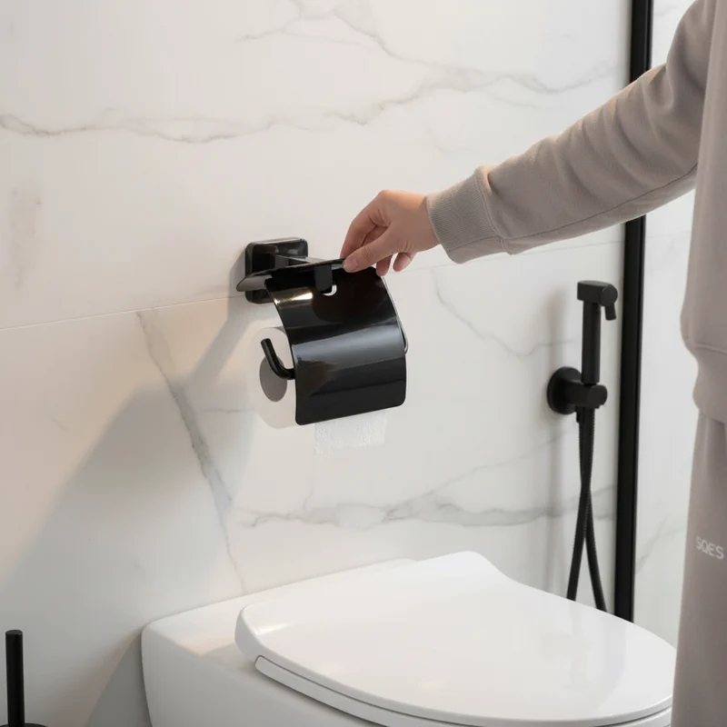 Porte Papier avec Couvercle UNO Noir - Support Mural Salle de Bain