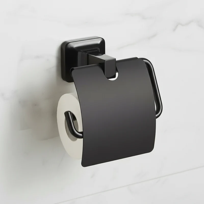 Porte Papier avec Couvercle UNO Noir - Support Mural Salle de Bain