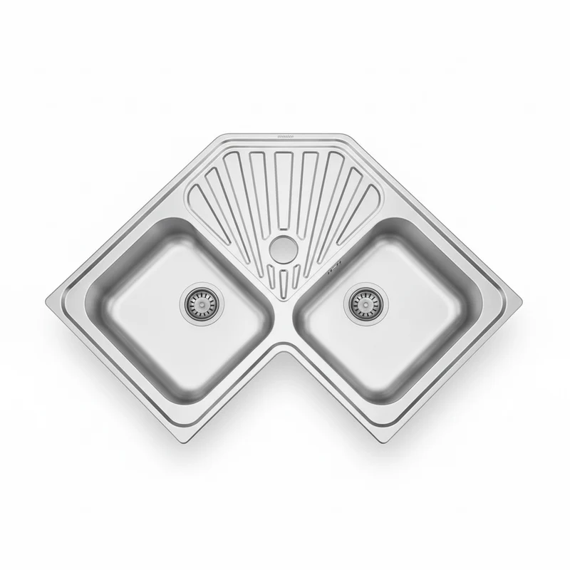 Évier d'Angle en Inox 2 Cuves avec Égouttoir 830x830mm