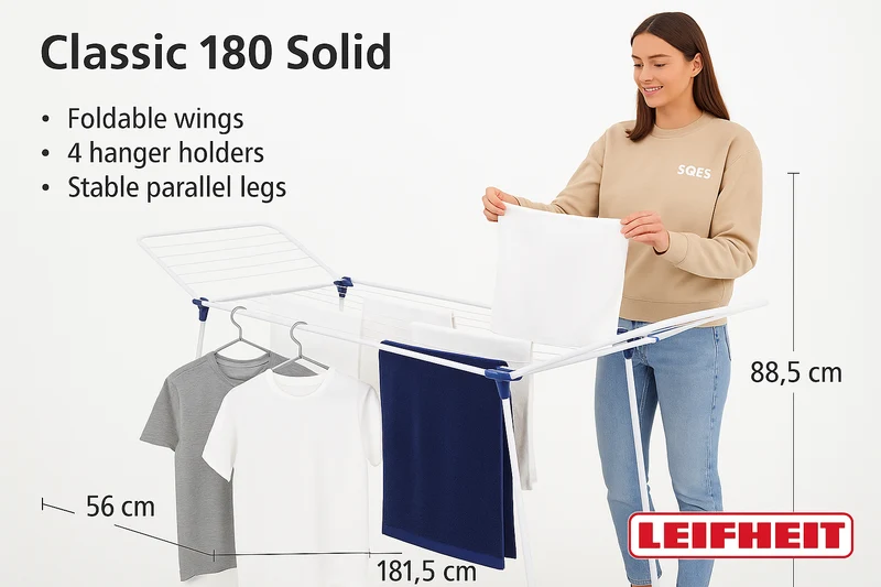 Séchoir sur Pied Leifheit Classic 180 Solid - 18m Étendage Ailes Rabattables 4 Supports Cintres