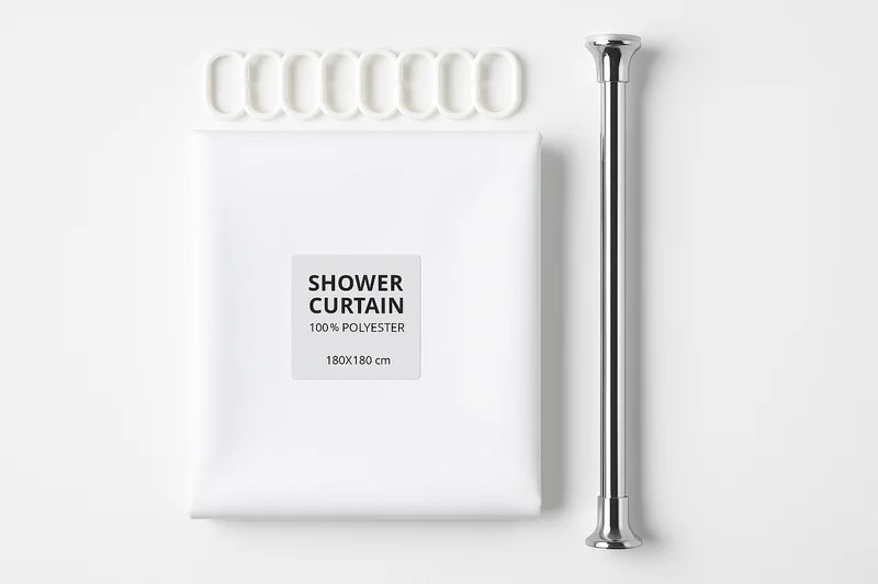 Pack Rideau de Douche 100% Polyester - 180x180cm Blanc Avec Tube Extensible Sans Perçage