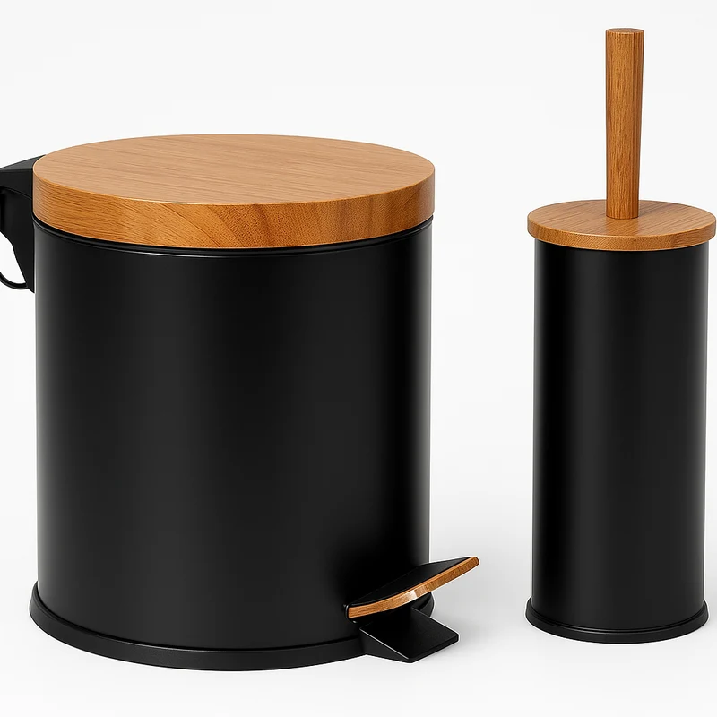 Ensemble Accessoires Salle de Bain Poubelle à Pédale et Porte-Brosse bambou