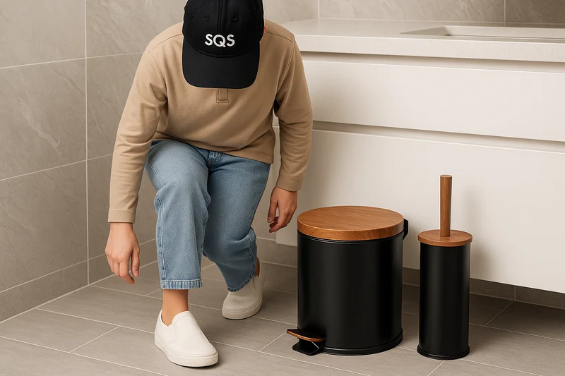 Ensemble Accessoires Salle de Bain Poubelle à Pédale et Porte-Brosse bambou