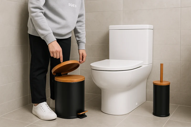 Ensemble Accessoires Salle de Bain Poubelle à Pédale et Porte-Brosse bambou