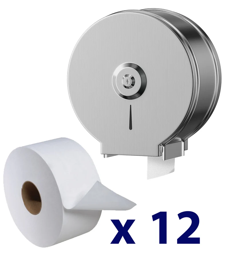 Distributeur Papier Hygiénique de toilette inox - avec PACK 12 Papier Essuie-mains Jumbo