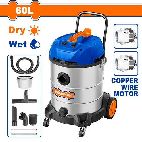 Aspirateur Industriel WADFOW WVR5A60 — 60L Inox 2400W 3m³/min 20kPa Sec & Humide Chantier