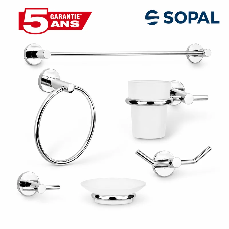 Ensemble 5 Accessoires Salle de Bain SOPAL Série Yasmin — Inox Brossé