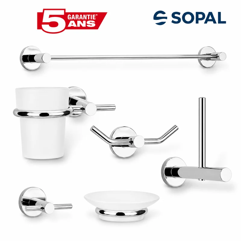 Ensemble 5 Accessoires Salle de Bain SOPAL Série Yasmin — Inox Brossé
