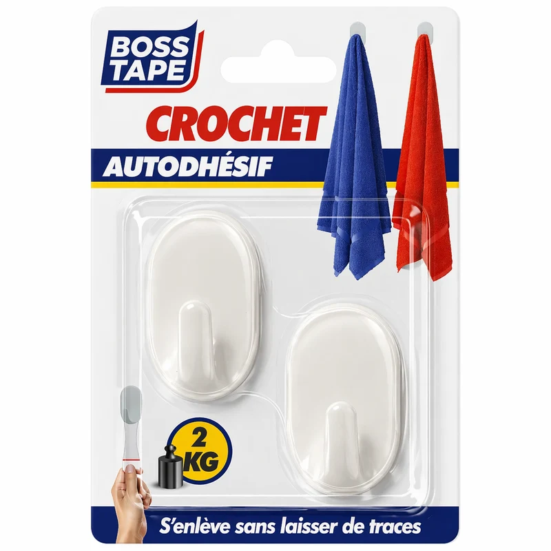Crochet Mural BOSS TAPE Blanc 33mmx50mm – Sans Perçage (2pcs)