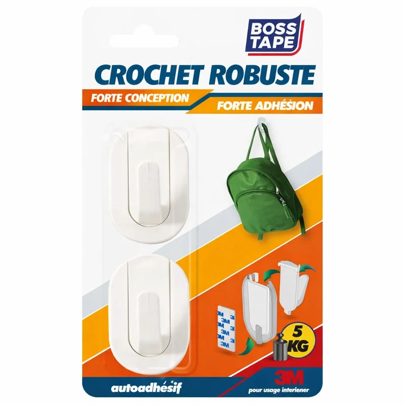 Crochet Mural BOSS TAPE Blanc 43mmx70mm (2pcs) – Sans Perçage