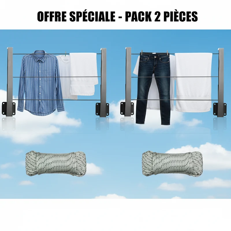 Pack de 2 Sèche-linge mural pliable avec corde 10m - Étendoir rabattable