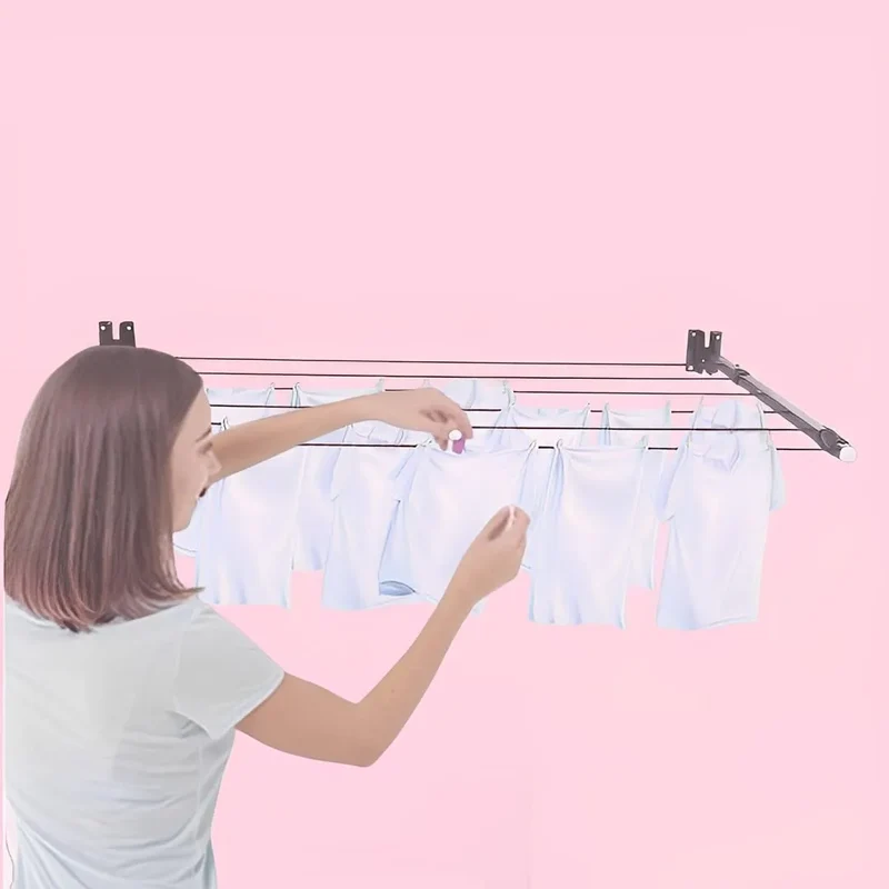 Pack de 2 Sèche-linge mural pliable avec corde 10m - Étendoir rabattable