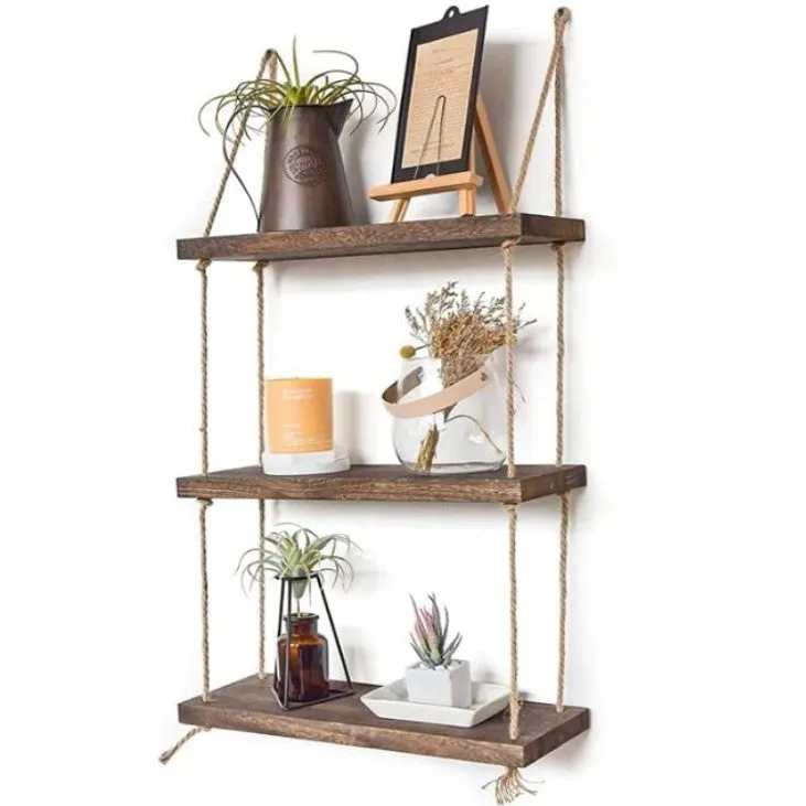 Triple Etagère murale suspendue en bois avec corde de jute