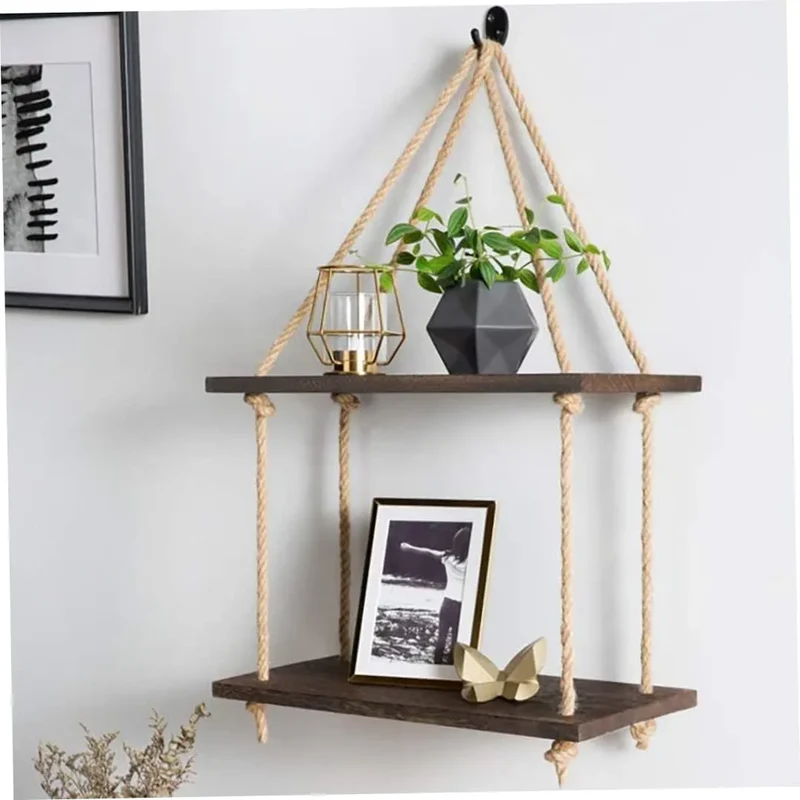 Double Etagère murale suspendue en bois avec corde de jute
