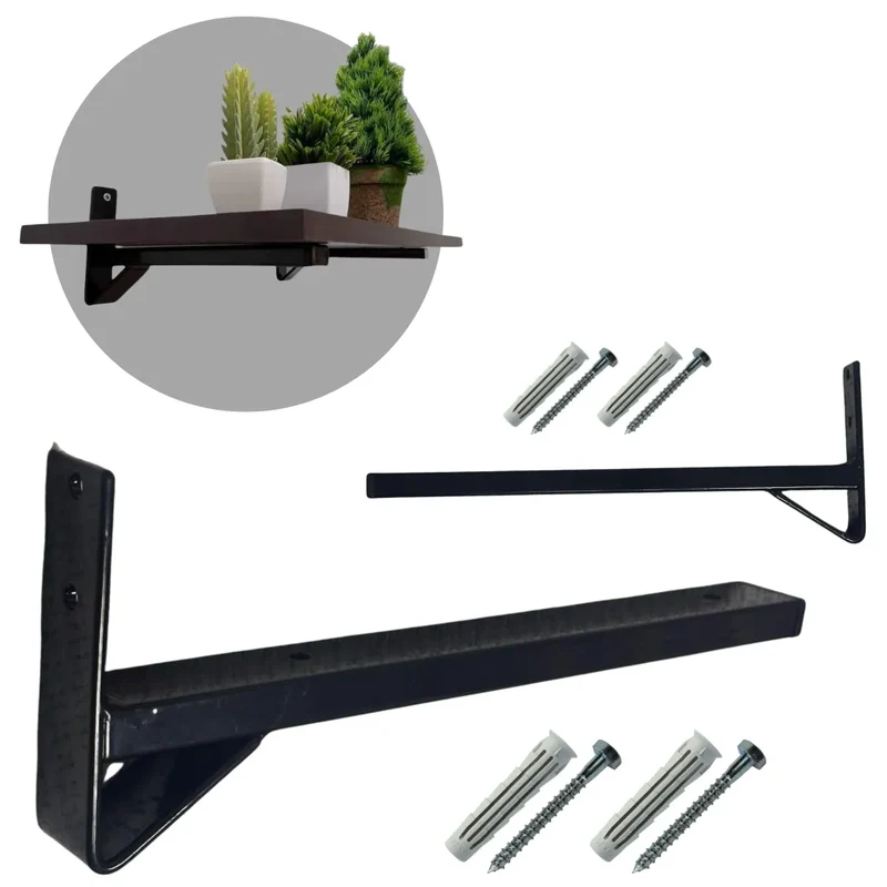 Lot de 2 Supports d'étagère robustes, Equerres muraux en tube métallique Noir