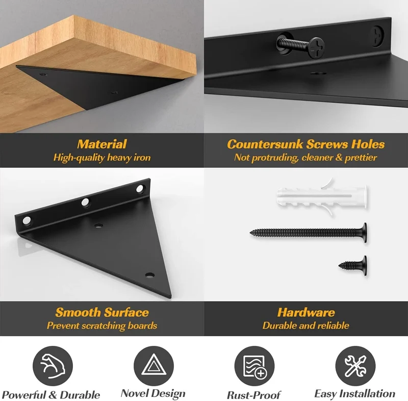 Lot de 2 Support d'étagère triangulaires en acier noir