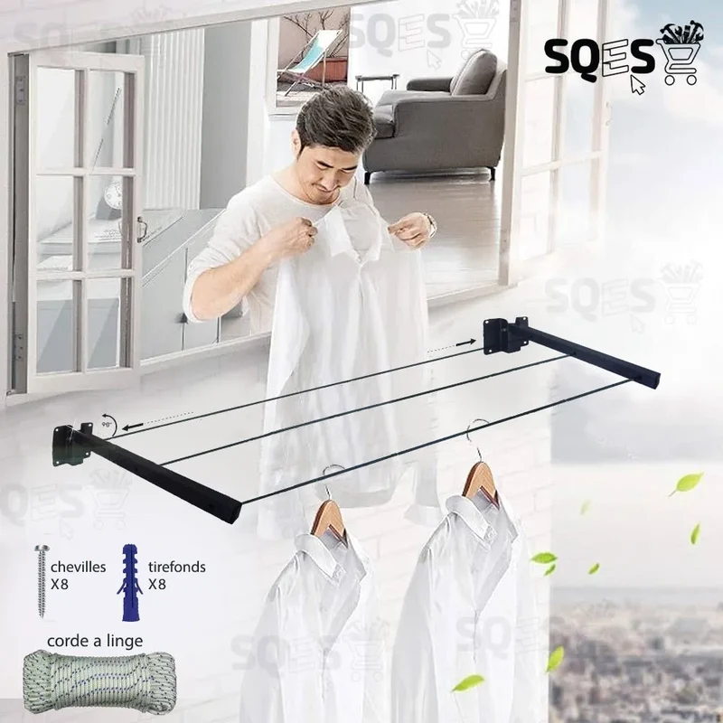 Sèche‑linge mural pliable & étendoir à corde rabattable
