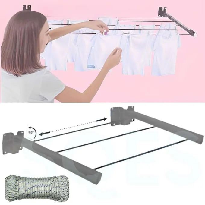 Sèche‑linge mural pliable & étendoir à corde rabattable