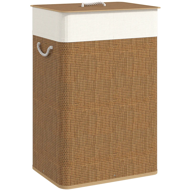 Panier à linge 72 L, corbeille à linge sale en bambou avec couvercle, poignées en corde, doublure amovible, marron