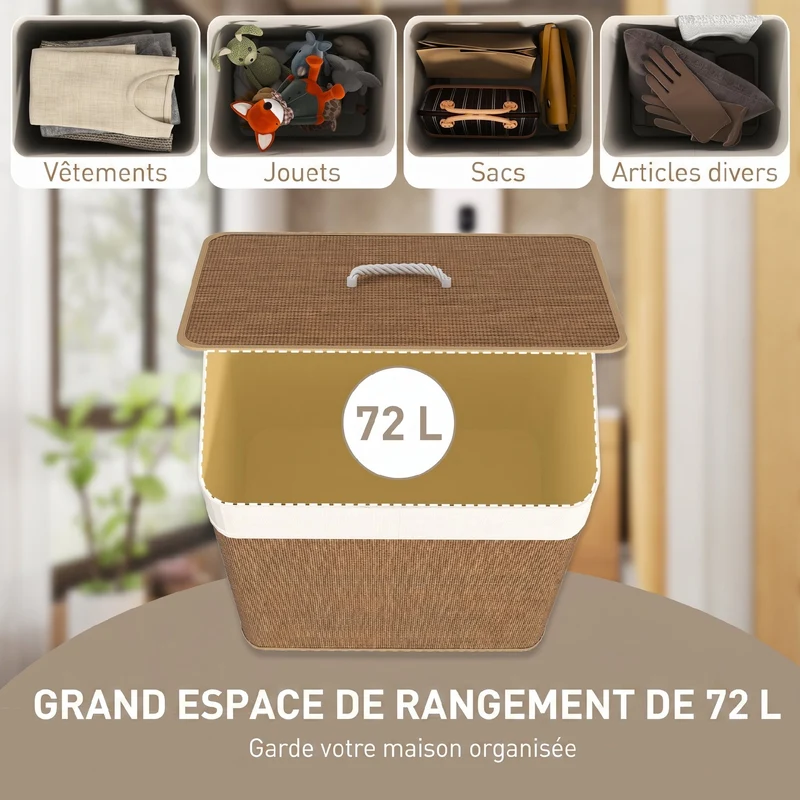 Panier à linge 72 L, corbeille à linge sale en bambou avec couvercle, poignées en corde, doublure amovible, marron
