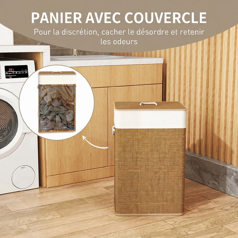 Panier à linge 72 L, corbeille à linge sale en bambou avec couvercle, poignées en corde, doublure amovible, marron