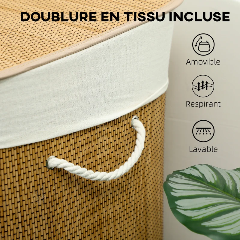 Panier à linge à trois compartiments avec couvercle, panier à linge en bambou 144 L avec poignées en corde