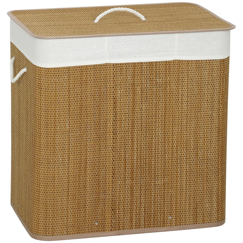 Panier à linge à trois compartiments avec couvercle, panier à linge en bambou 144 L avec poignées en corde