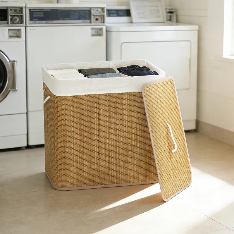 Panier à linge à trois compartiments avec couvercle, panier à linge en bambou 144 L avec poignées en corde