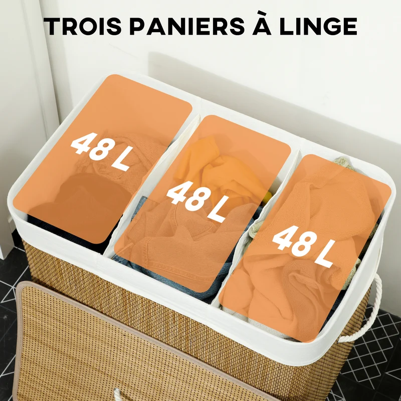Panier à linge à trois compartiments avec couvercle, panier à linge en bambou 144 L avec poignées en corde