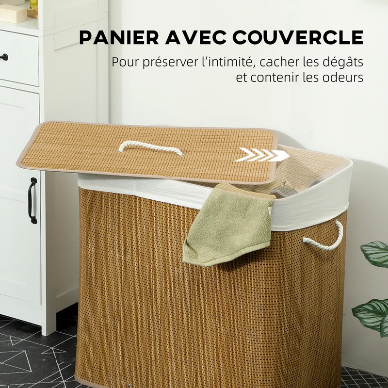 Panier à linge à trois compartiments avec couvercle, panier à linge en bambou 144 L avec poignées en corde