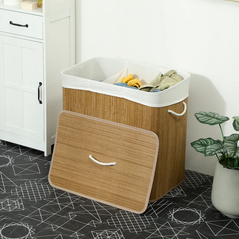 Panier à linge à trois compartiments avec couvercle, panier à linge en bambou 144 L avec poignées en corde