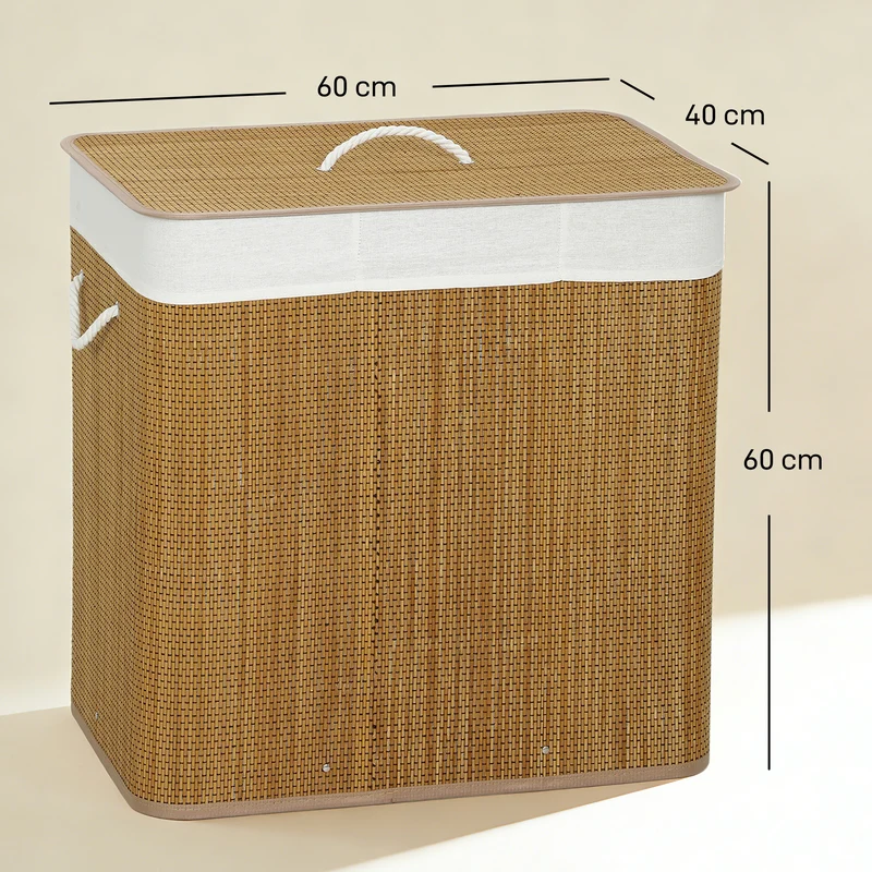 Panier à linge à trois compartiments avec couvercle, panier à linge en bambou 144 L avec poignées en corde