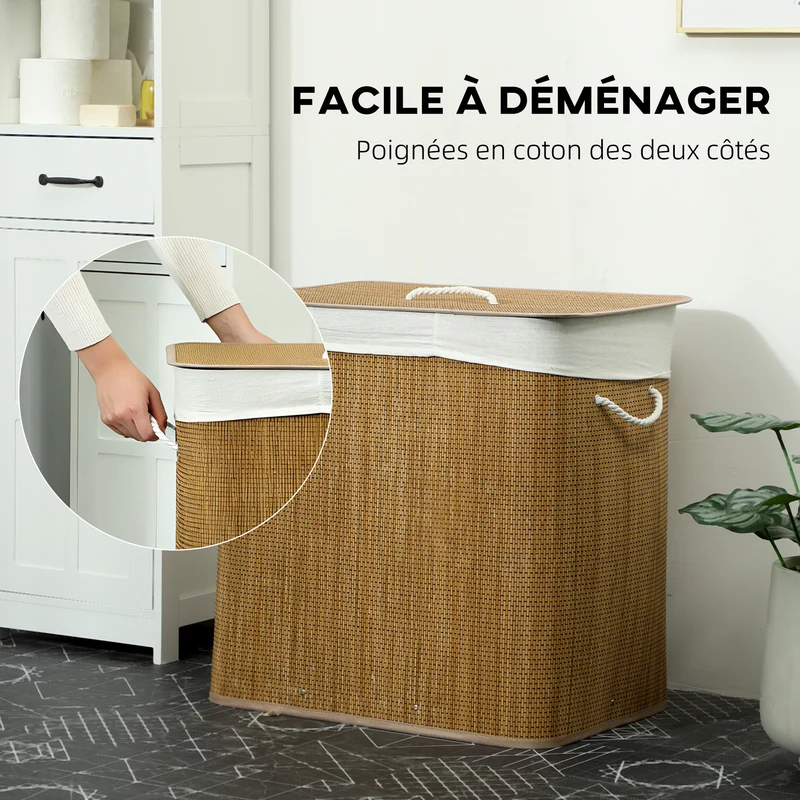 Panier à linge à trois compartiments avec couvercle, panier à linge en bambou 144 L avec poignées en corde