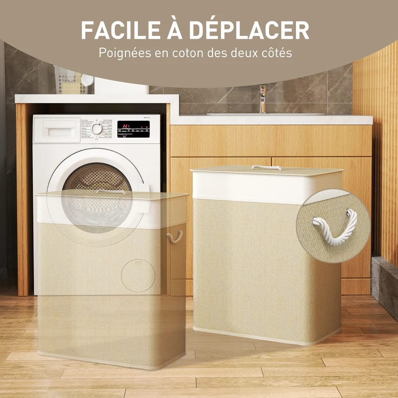 Panier à linge double avec couvercle, panier à linge en bambou 100 L avec poignées en corde