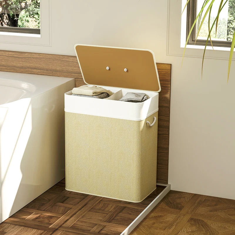 Panier à linge double avec couvercle, panier à linge en bambou 100 L avec poignées en corde