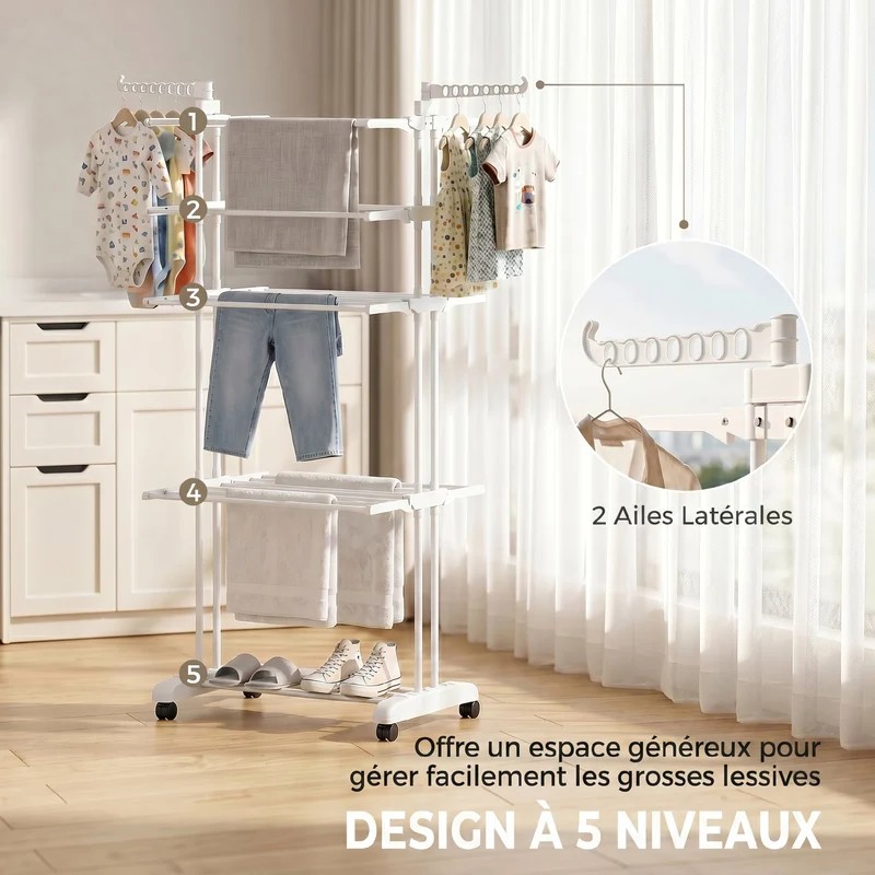 Séchoir à linge pliable 4 niveaux avec roulettes, étendoir linge intérieur avec ailes latérales, cadre en acier, blanc